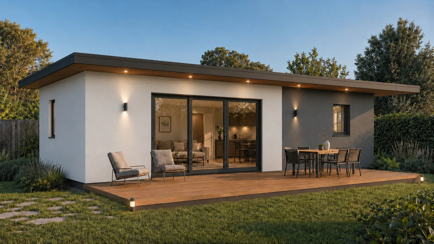 une maison sans toit ave une grande porte en verre et des chaisses devant le terrain