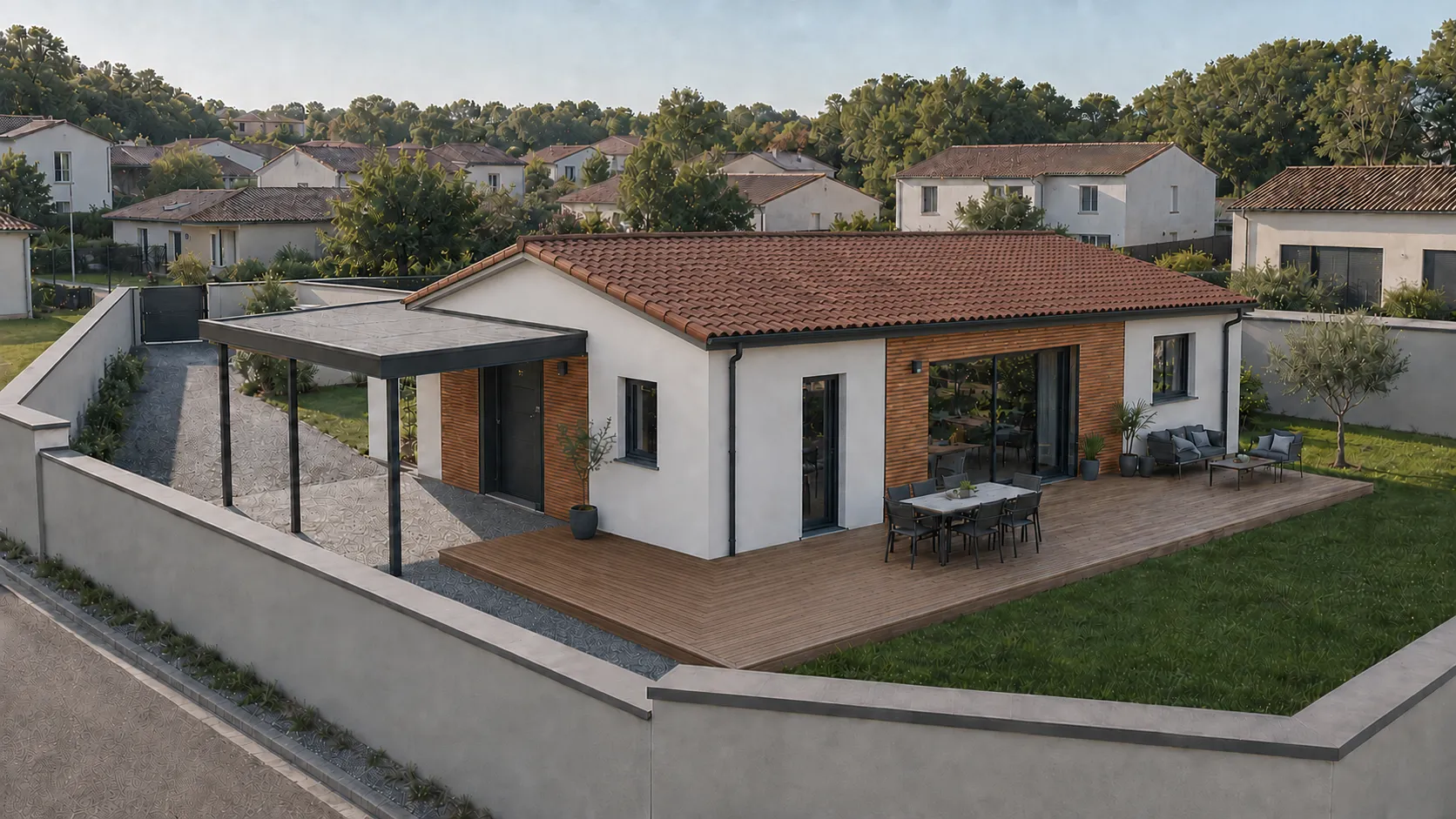 une maison blanc avec toiture rouge